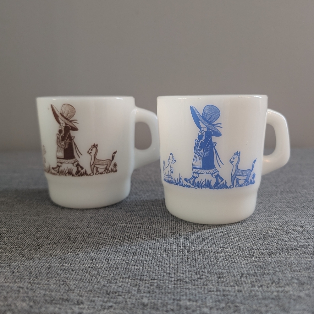Vintage Termocrisa Holly Hobbie Milk Glass Mugs, Blue & Brown, Set of 2